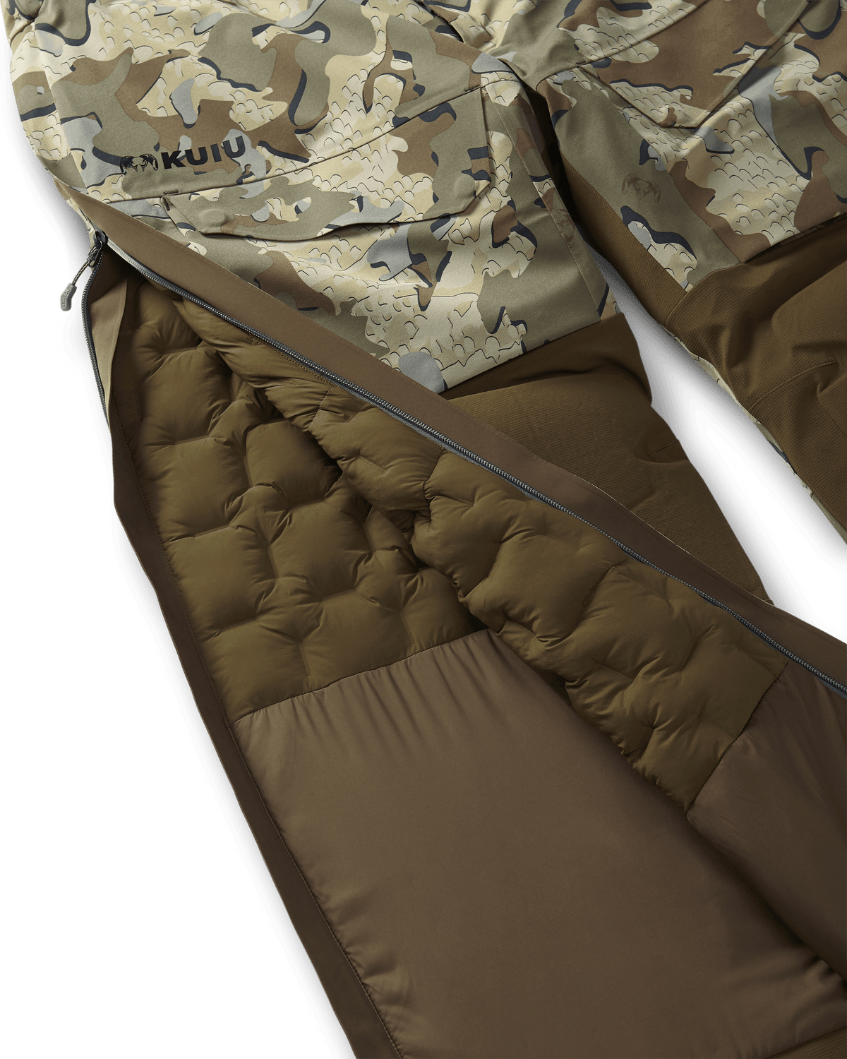 Unzipped right side leg zipper, highlighting interior insulation stitched baffles on the Paragon Storm Shell Bib in Valo Camouflage