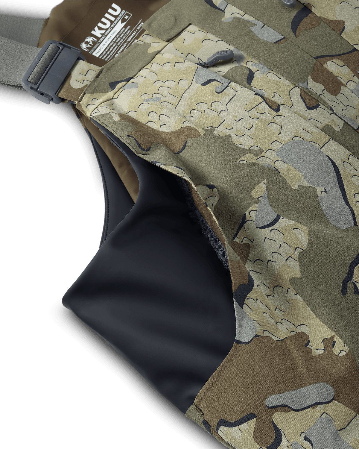 Stretch side paneling and Sherpa fleece-lined hand pockets on the KUIU Paragon Storm Shell Bib for waterfowl hunting