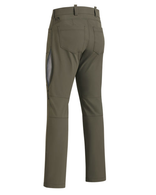 Back of Reed Pant in Ash Brown, Highlighting left unzipped hip vent