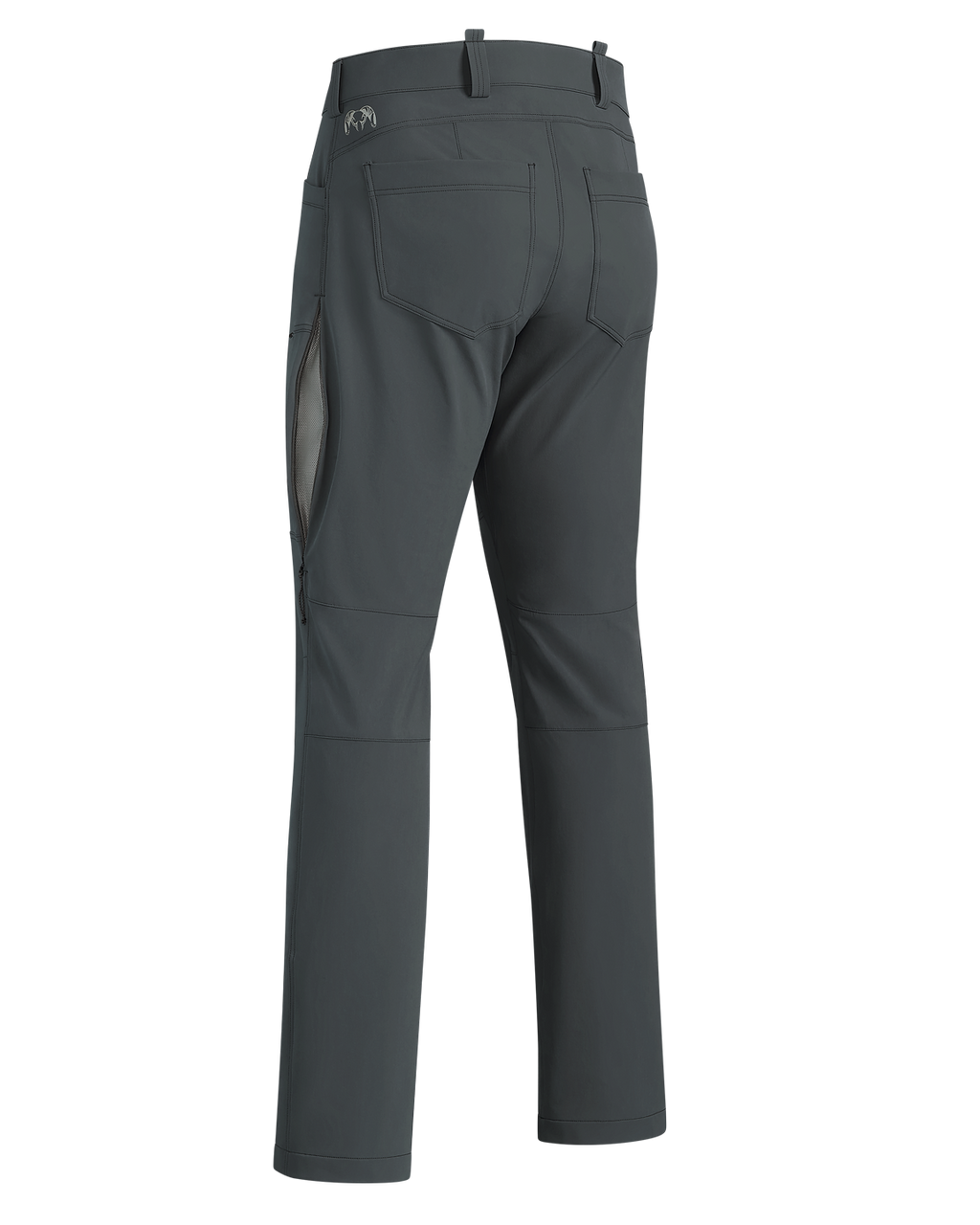 Back of Reed Pant in Gunmetal Grey, Highlighting left unzipped hip vent