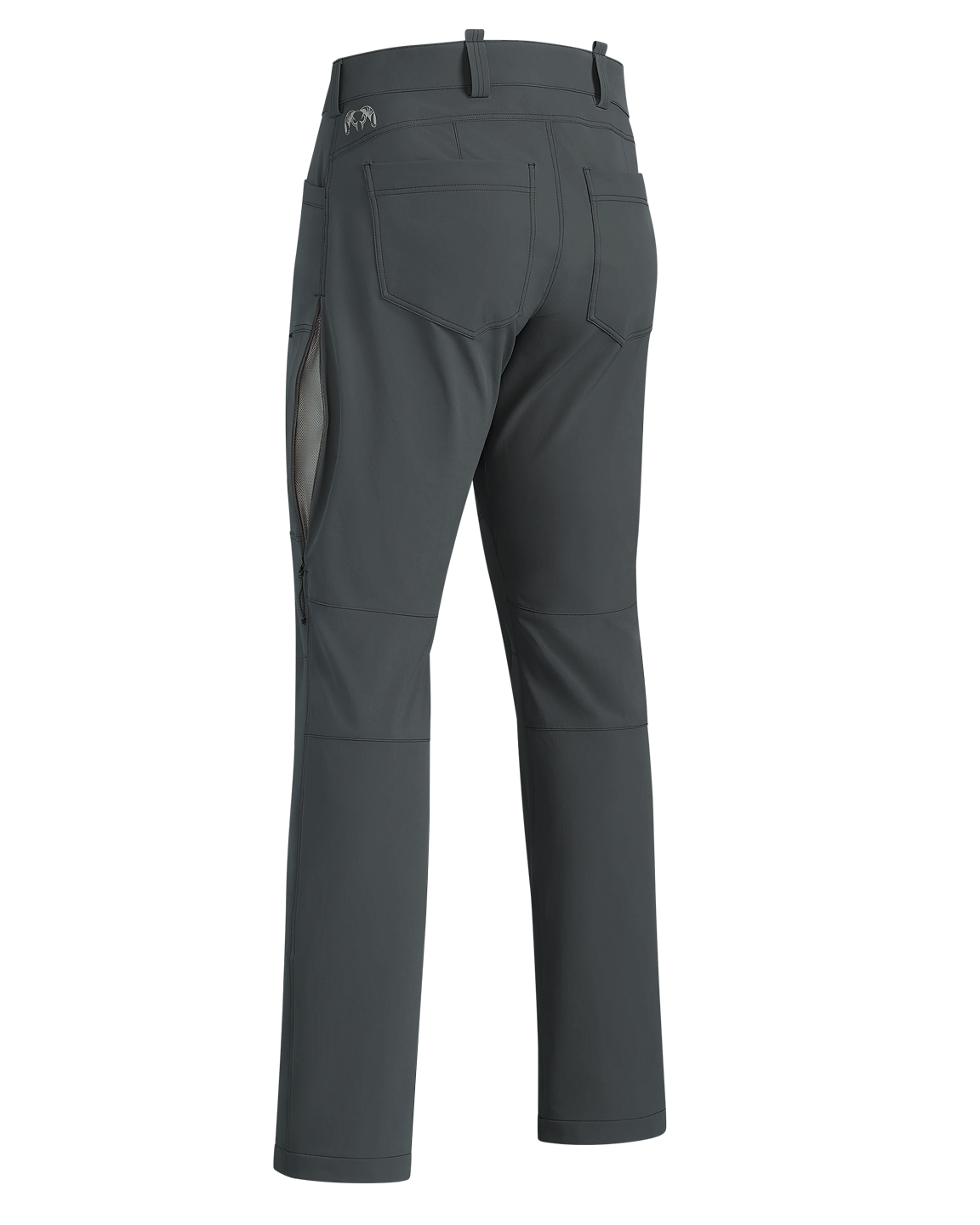 Back of Reed Pant in Gunmetal Grey, Highlighting left unzipped hip vent